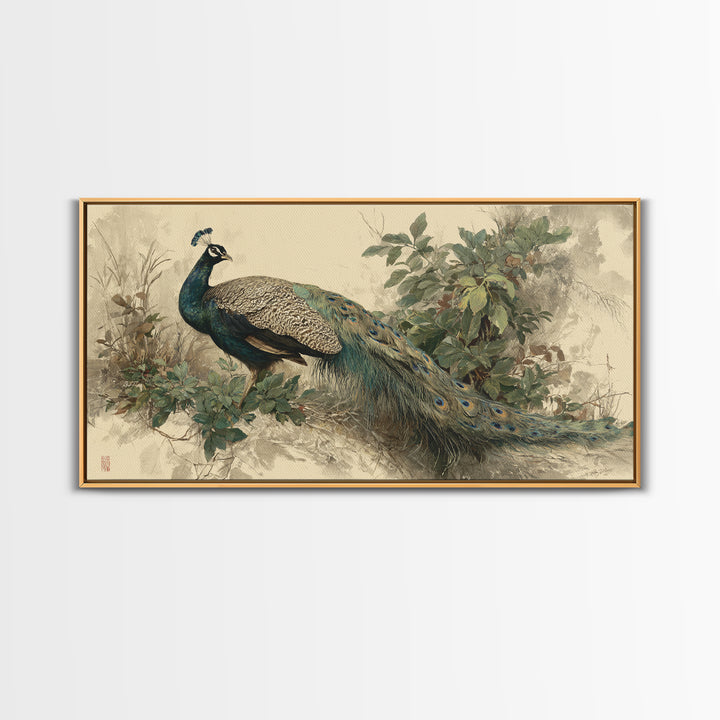 Peacock with Jewel Tone Feather Pattern Framed Canvas Print, Bird Art, Japanese Wall Art, Living Room Decor, Watercolor Art, BIR-2x1-51