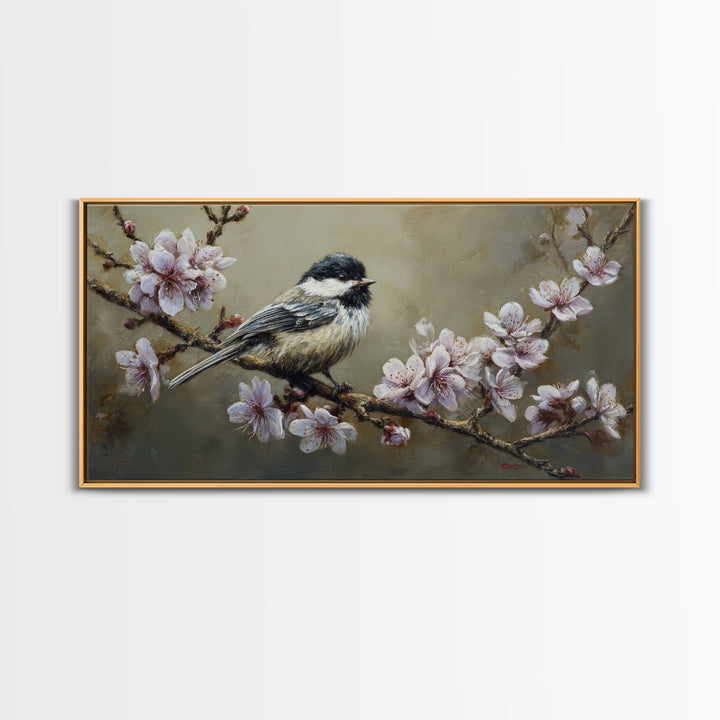 Songbird Perched on Cherry Blossoms Canvas Print, Bird Art, Printable Wall Art, Living Room Decor, Fine Art, Flight, Modern Art, BIR-2x1-52