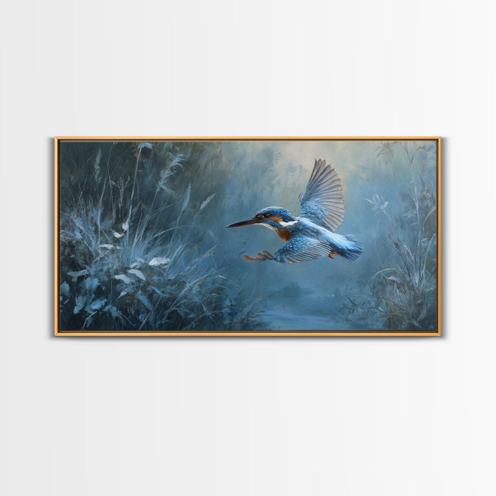 Kingfisher Diving Toward Blue Water Framed Canvas Print, Bird Art, Modern Wall Art, Living Room Decor, Fine Art, Flight, BIR-2x1-55