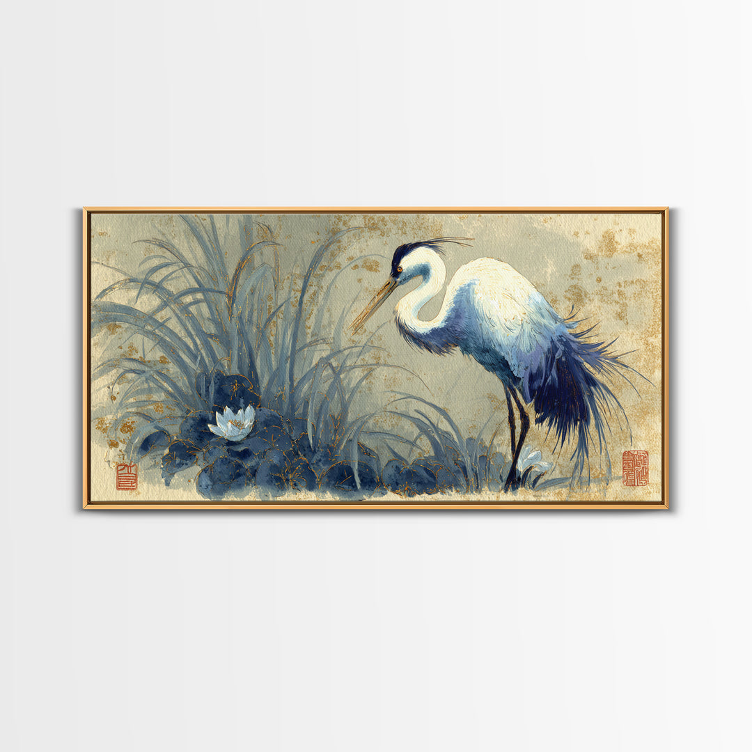 Crane and Lotus Composition Canvas Print, Bird Art, Printable Wall Art, Living Room Decor, Fine Art, Flight, Modern Art, BIR-2x1-61