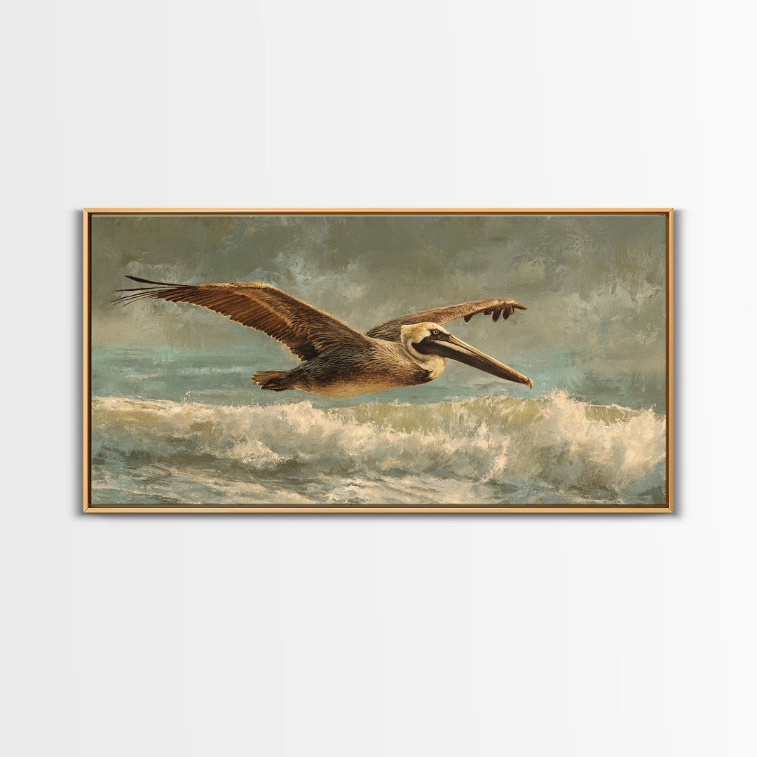 Pelican Flying over Coastal Waves Canvas Print, Bird Art, Room Decor, Living Room Decor, Oil Painting, Flight, Digital Print, BIR-2x1-62