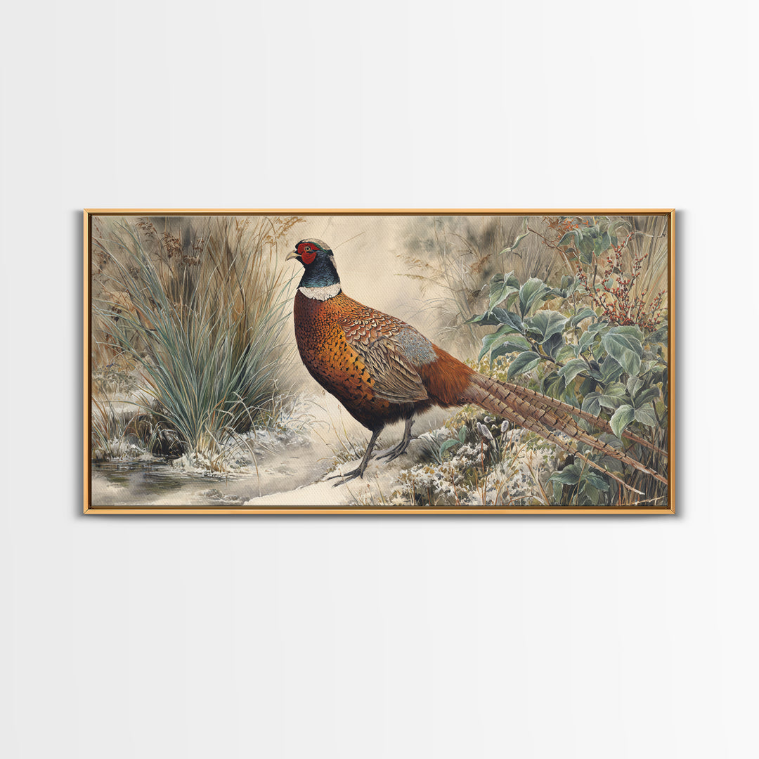 Pheasant with Ornate Feather Details Canvas Print, Bird Art, Living Room Decor, Fine Art, Flight, Rustic Home Decor, Floral Art, BIR-2x1-63