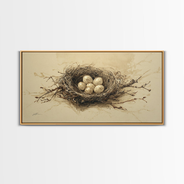 Bird Nest with Eggs and Delicate Twigs Canvas Print, Bird Art, Textured Painting, Living Room Decor, Watercolor Art, Flight, BIR-2x1-66