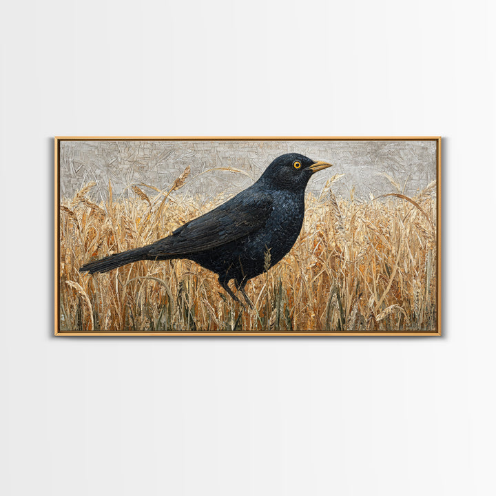 Blackbird on Gold Wheat Field Canvas Print, Bird Art, Digital Print, Living Room Decor, Watercolor Art, Flight, Bird Prints, BIR-2x1-68