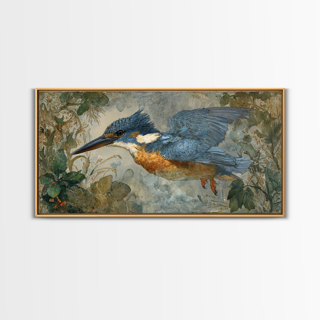 Kingfisher Diving Toward Blue Water Framed Canvas Print, Bird Art, Wall Decor, Living Room Decor, Flight, Boho Wall Decor, BIR-2x1-7