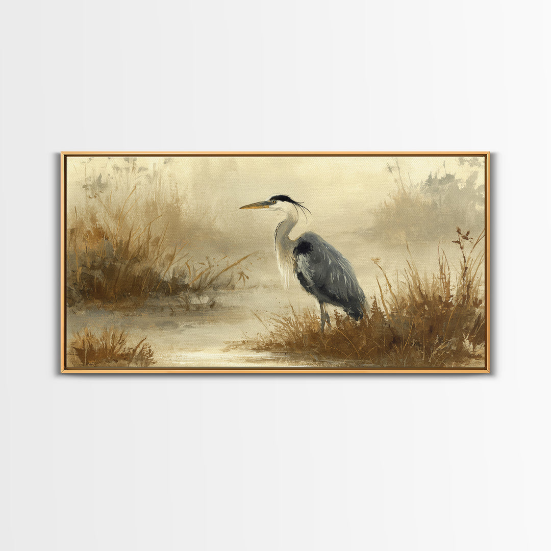 Blue Heron in Misty Marsh Grass Canvas Print, Bird Art, Digital Prints, Living Room Decor, Fine Art, Flight, Modern Art, BIR-2x1-70
