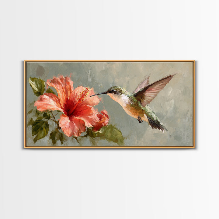 Hummingbird Hovering Beside Bright Hibiscus Framed Canvas Print, Bird Art, Printable Art, Living Room Decor, Fine Art, Flight, BIR-2x1-72