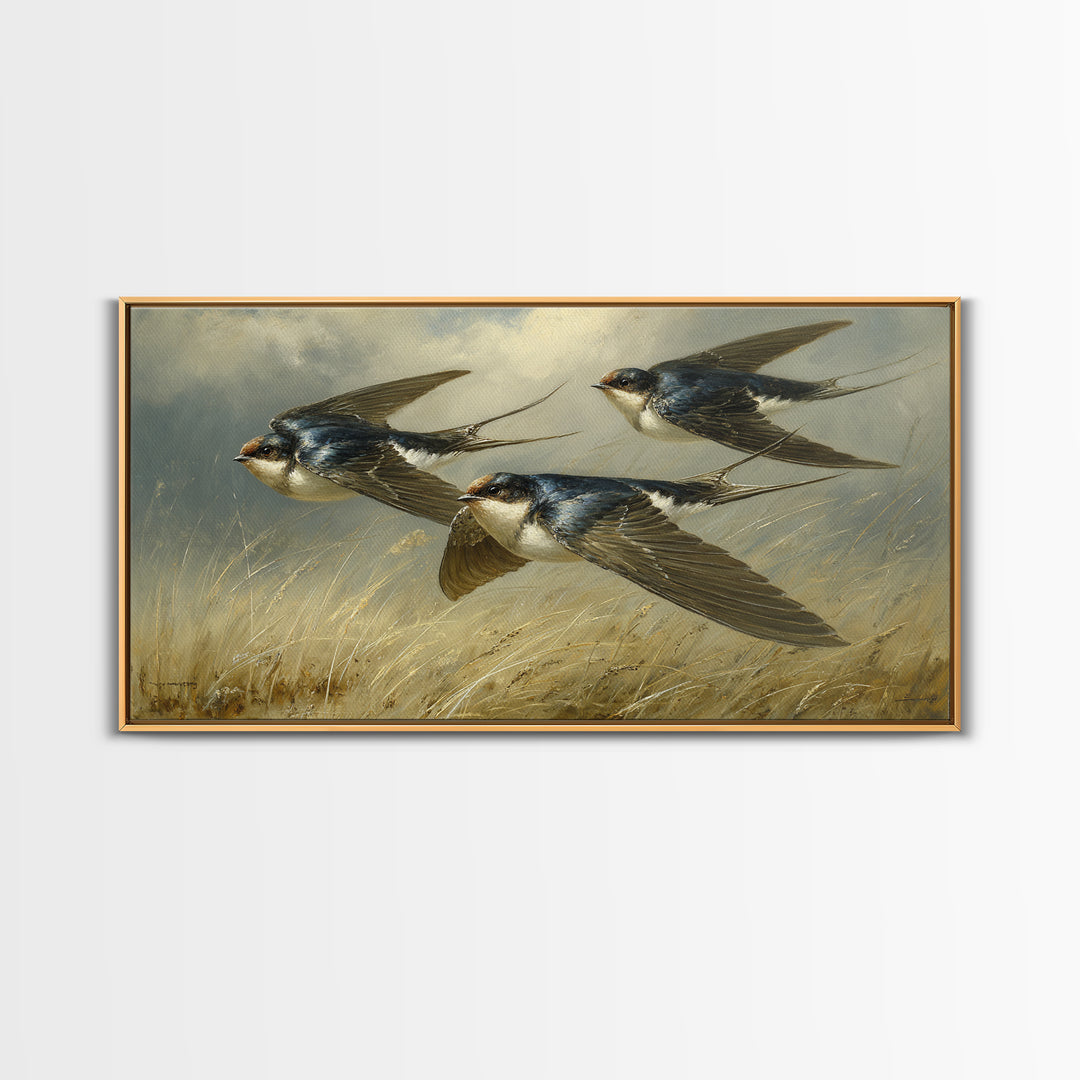 Flock of Swallows Sweeping Across Open Sky Canvas Print, Bird Art, Living Room Decor, Watercolor Art, Flight, BIR-2x1-74