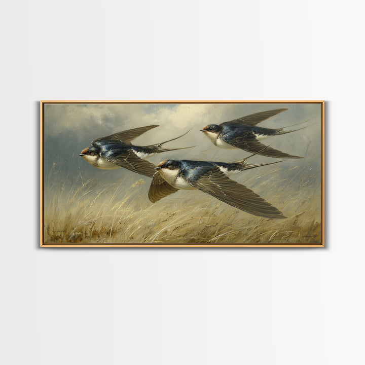 Flock of Swallows Sweeping Across Open Sky Canvas Print, Bird Art, Living Room Decor, Watercolor Art, Flight, BIR-2x1-74