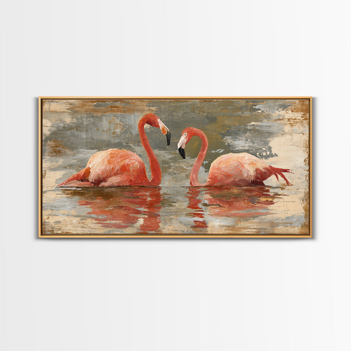 Flamingo Pair in Coral Water Reflections Canvas Print, Bird Art, Contemporary Art, Living Room Decor, Fine Art, Flight, BIR-2x1-78