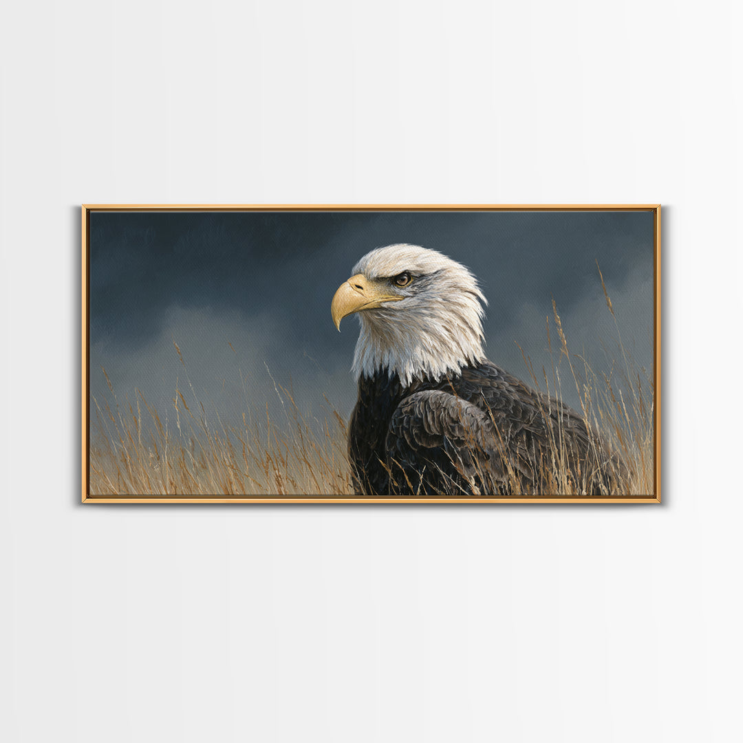 Eagle Portrait with Dramatic Mountain Wind Framed Canvas Print, Bird Art, Modern Art, Living Room Decor, Fine Art, Flight, BIR-2x1-80