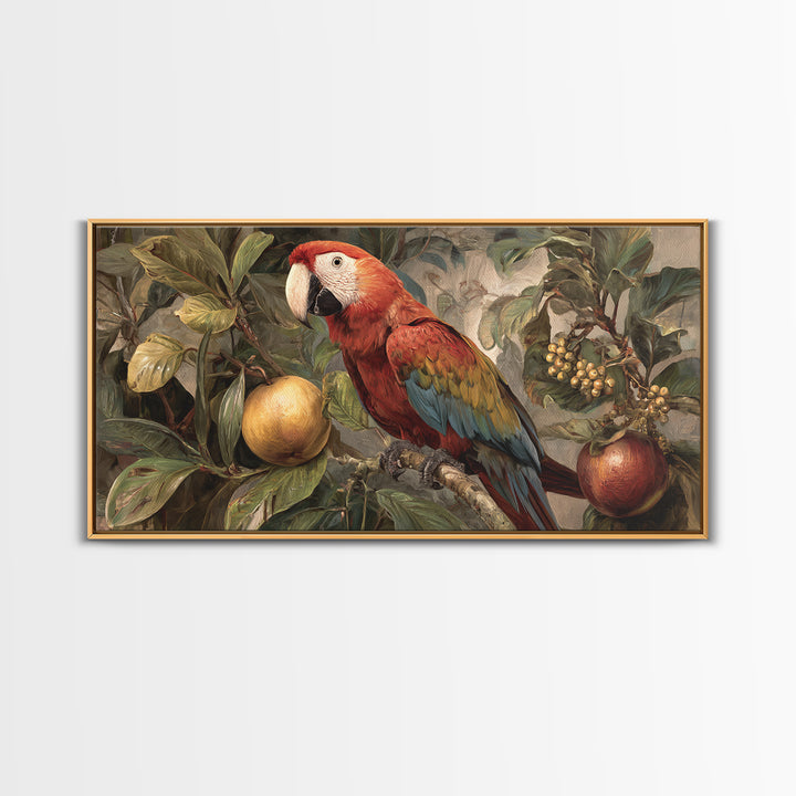 Parrot Among Tropical Leaves and Fruit Framed Canvas Print, Bird Art, Printable Art, Living Room Decor, Watercolor Art, Flight, BIR-2x1-81