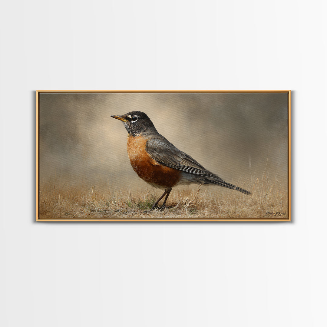 Robin in a Spring Garden with Soft Framed Canvas Print, Bird Art, Contemporary Art, Living Room Decor, Oil Painting, Flight, BIR-2x1-83