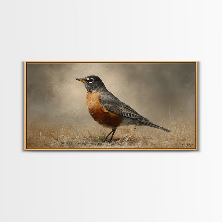 Robin in a Spring Garden with Soft Framed Canvas Print, Bird Art, Contemporary Art, Living Room Decor, Oil Painting, Flight, BIR-2x1-83
