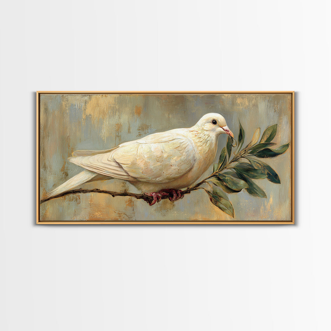 White Dove with Olive Branch and Calm Framed Canvas Print, Bird Art, Botanical Wall Art, Living Room Decor, Watercolor Art, BIR-2x1-84
