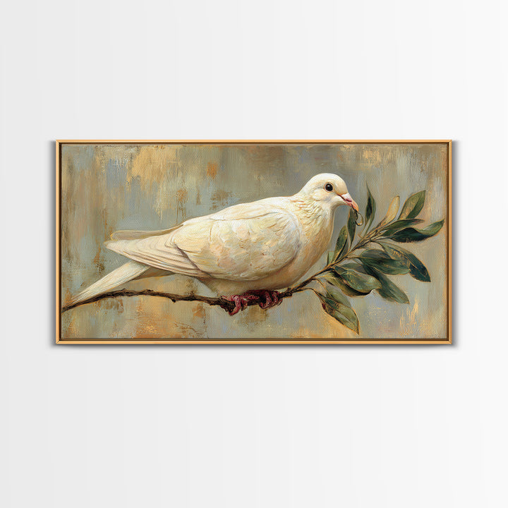 White Dove with Olive Branch and Calm Framed Canvas Print, Bird Art, Botanical Wall Art, Living Room Decor, Watercolor Art, BIR-2x1-84