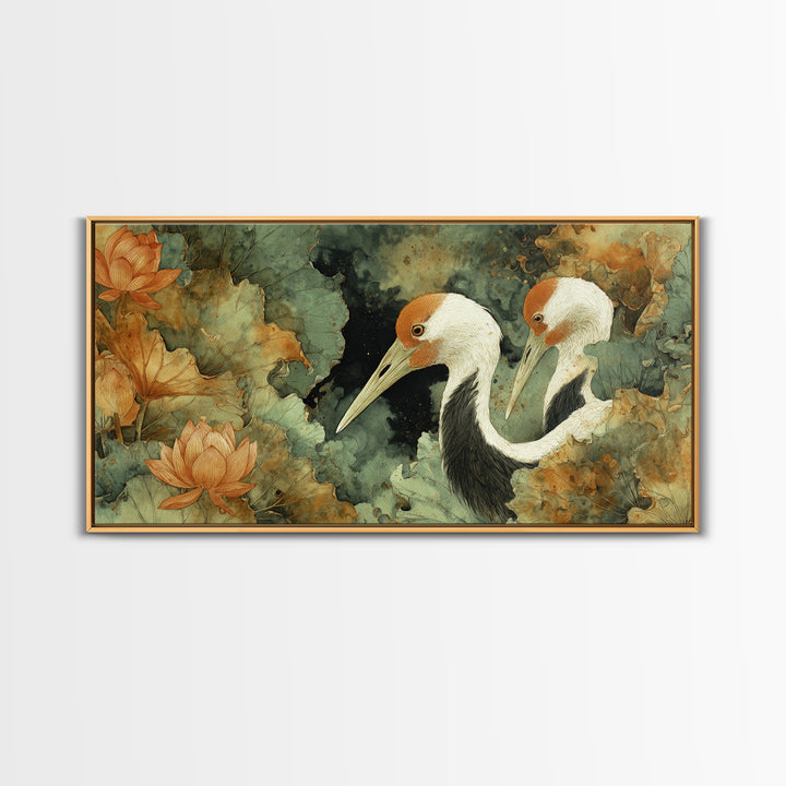 Crane and Lotus Composition Framed Canvas Print, Bird Art, Farmhouse Decor, Living Room Decor, Flight, Digital Download Art, BIR-2x1-85