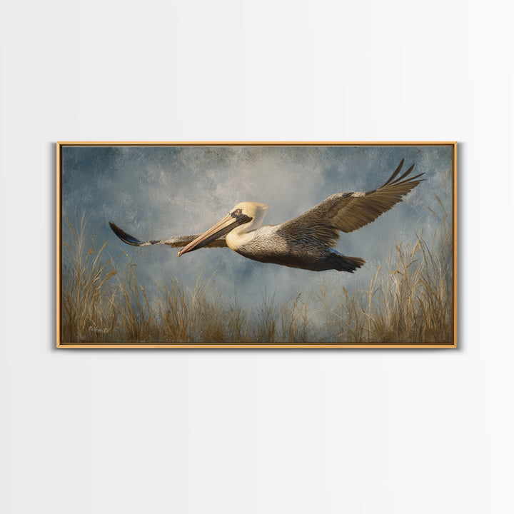 Pelican Flying over Coastal Waves Framed Canvas Print, Bird Art, Home Decor, Living Room Decor, Flight, Modern Wall Art, BIR-2x1-86