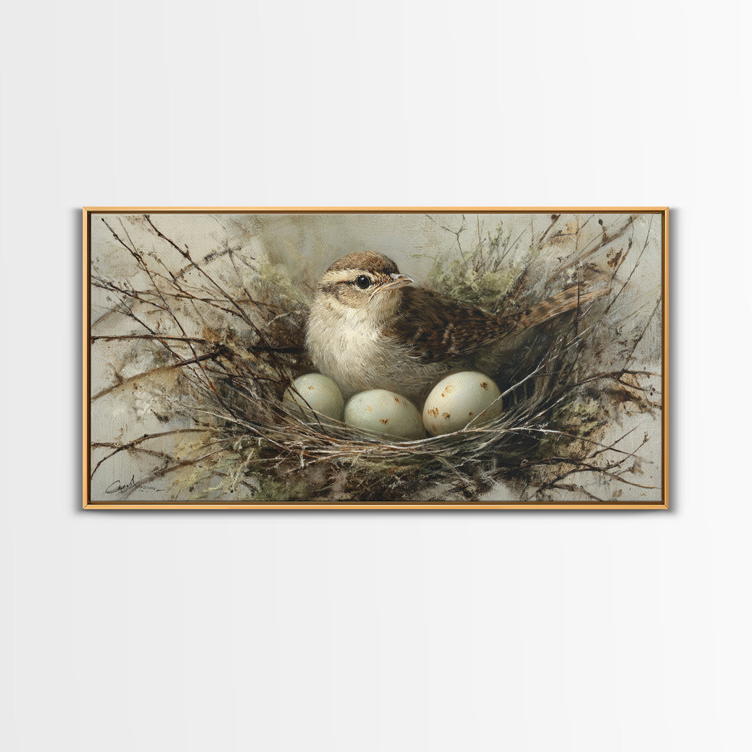 Bird Nest with Eggs and Delicate Twigs Framed Canvas Print, Bird Art, Wall Decor, Living Room Decor, Oil Painting, Flight, BIR-2x1-90