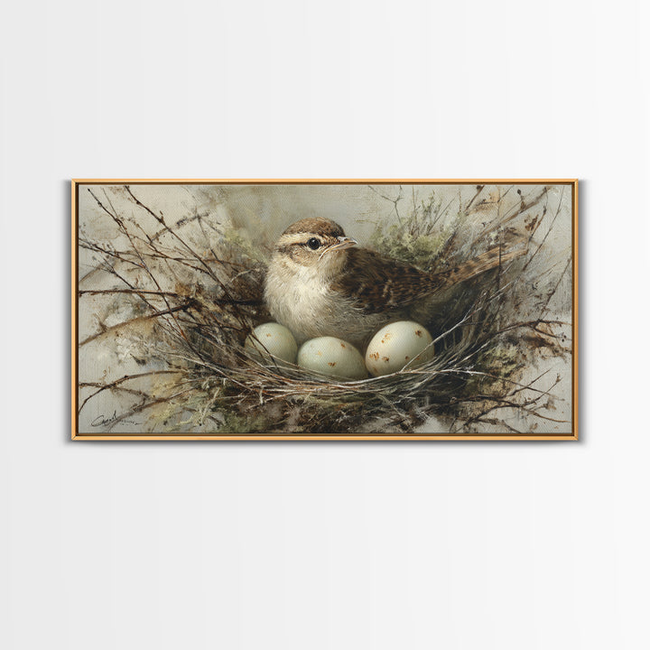 Bird Nest with Eggs and Delicate Twigs Framed Canvas Print, Bird Art, Wall Decor, Living Room Decor, Oil Painting, Flight, BIR-2x1-90