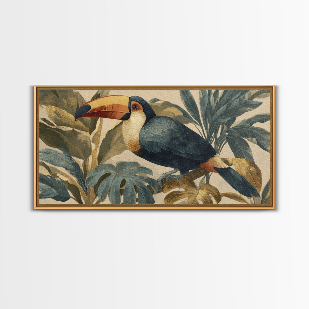 Toucan Framed by Bold Jungle Foliage Framed Canvas Print, Bird Art, Original Art, Living Room Decor, Fine Art, Flight, BIR-2x1-91