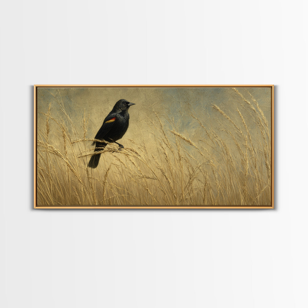 Blackbird on Gold Wheat Field Framed Canvas Print, Bird Art, Modern Wall Art, Living Room Decor, Oil Painting, Flight, BIR-2x1-92