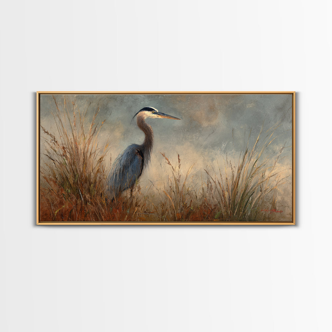 Blue Heron in Misty Marsh Grass Canvas Print, Bird Art, Digital Prints, Living Room Decor, Fine Art, Flight, Modern Art, BIR-2x1-94