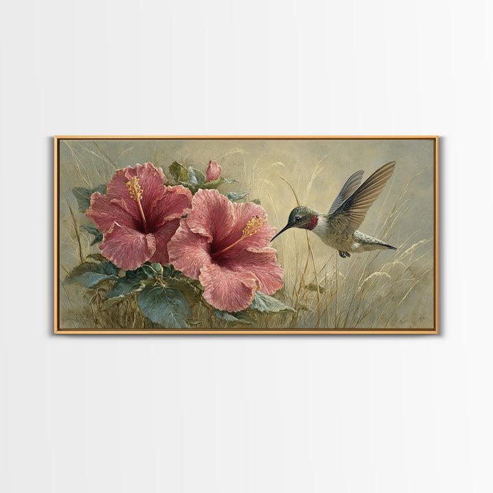 Hummingbird Hovering Beside Bright Hibiscus Framed Canvas Print, Bird Art, Bird Prints, Living Room Decor, Oil Painting, Flight, BIR-2x1-96