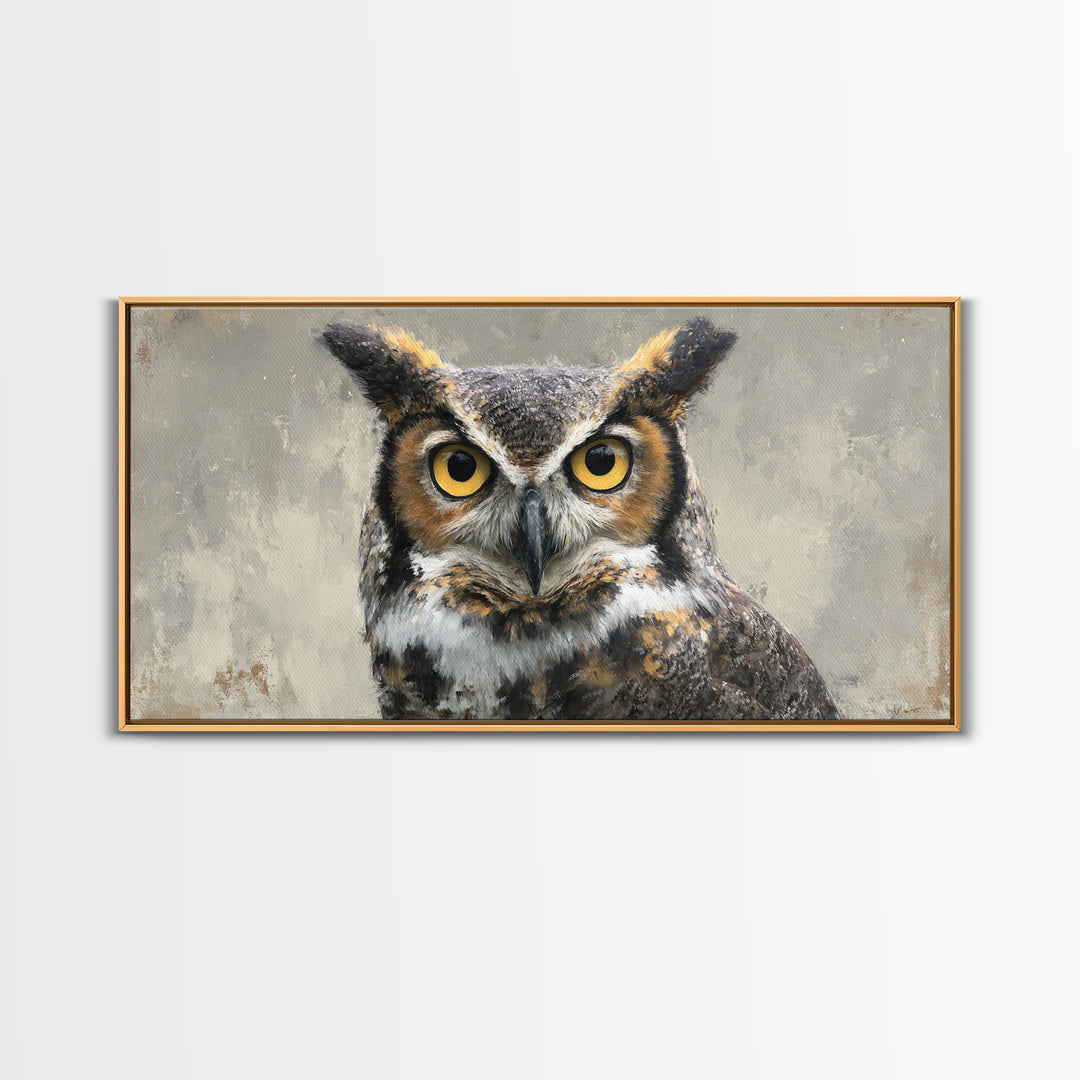 Owl Portrait with Wise Golden Eyes Framed Canvas Print, Bird Art, Japanese Wall Art, Living Room Decor, Oil Painting, Flight, BIR-2x1-97