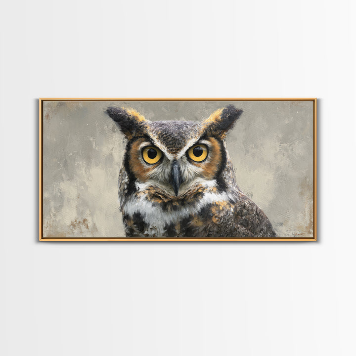 Owl Portrait with Wise Golden Eyes Framed Canvas Print, Bird Art, Japanese Wall Art, Living Room Decor, Oil Painting, Flight, BIR-2x1-97