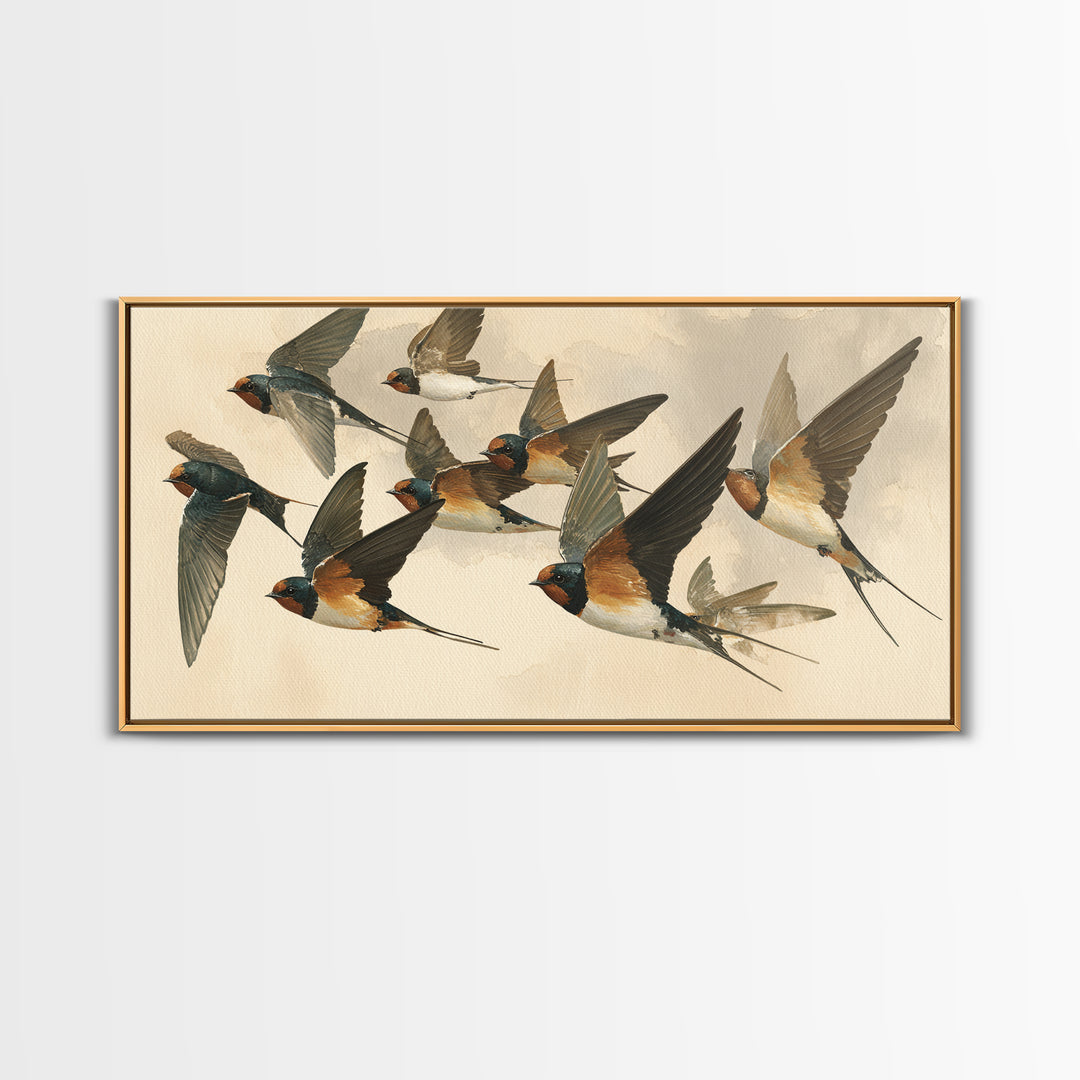 Flock of Swallows Sweeping Across Open Sky Canvas Print, Bird Art, Living Room Decor, Watercolor Art, Flight, BIR-2x1-98