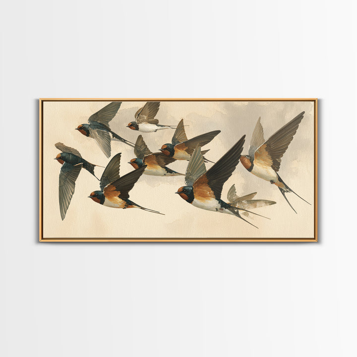 Flock of Swallows Sweeping Across Open Sky Canvas Print, Bird Art, Living Room Decor, Watercolor Art, Flight, BIR-2x1-98