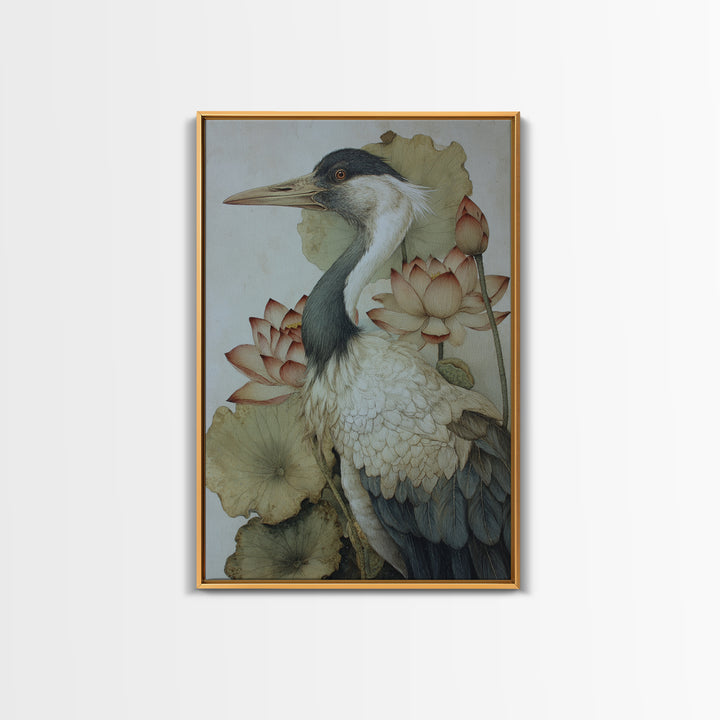 Crane and Lotus Composition Framed Canvas Print, Bird Art, Wall Art, Living Room Decor, Fine Art, Flight, Japanese Wall Art, BIR-2x3-1