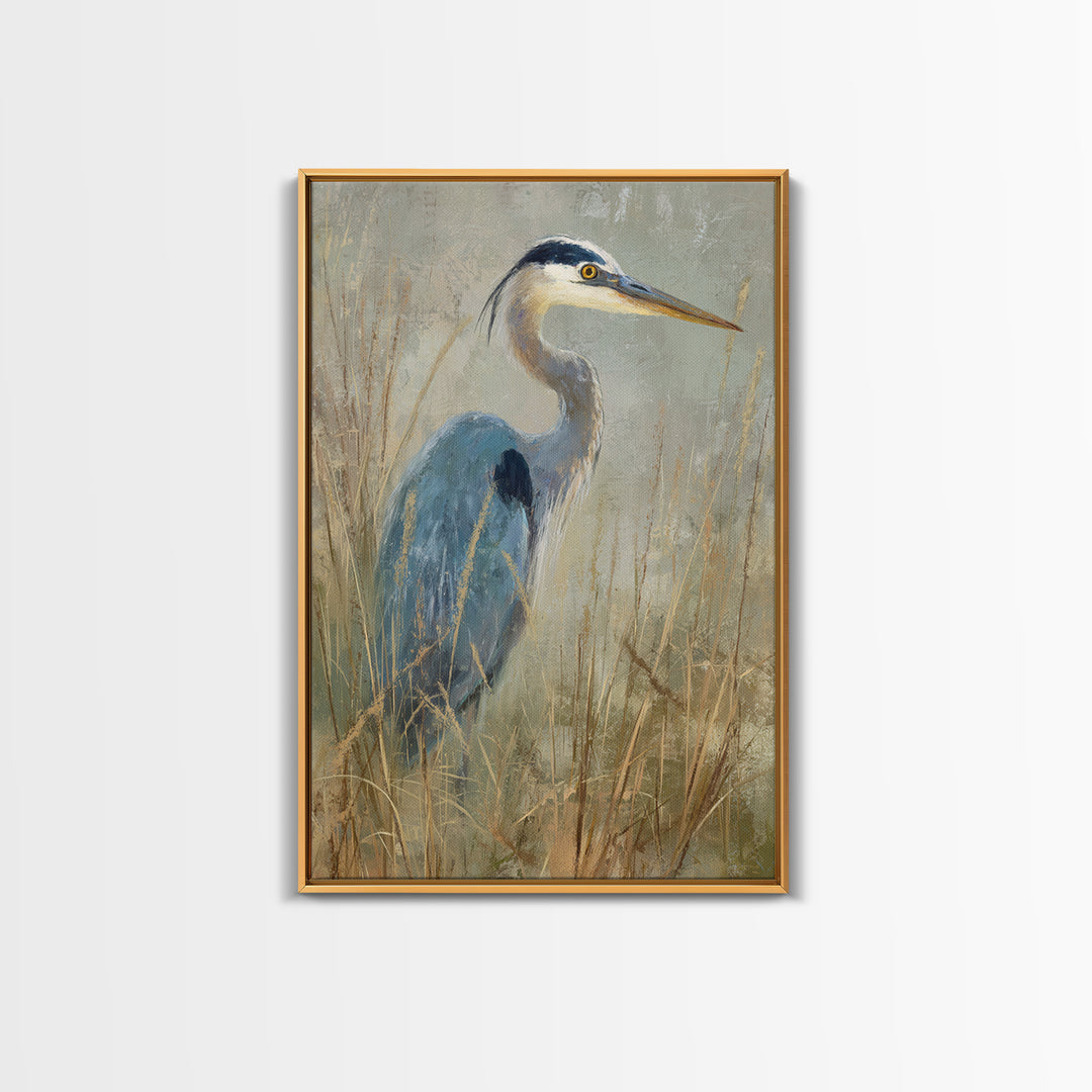 Blue Heron in Misty Marsh Grass Canvas Print, Bird Art, Luxury Decor, Living Room Decor, Flight, Art Deco, Original Art, BIR-2x3-10