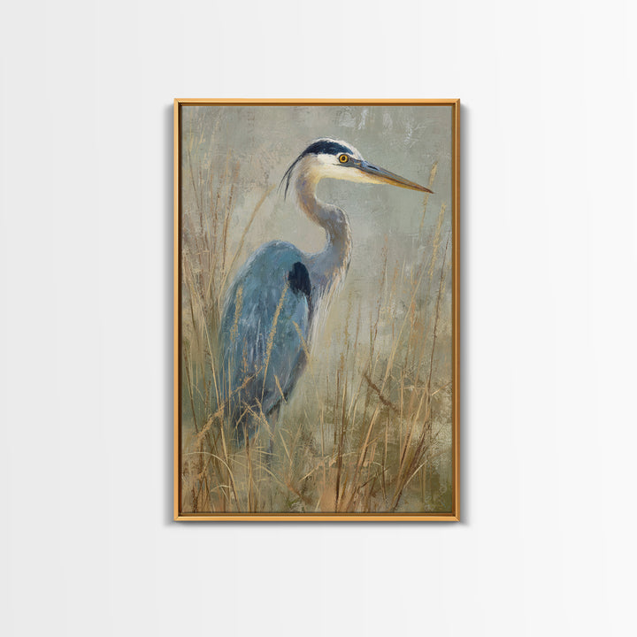Blue Heron in Misty Marsh Grass Canvas Print, Bird Art, Luxury Decor, Living Room Decor, Flight, Art Deco, Original Art, BIR-2x3-10