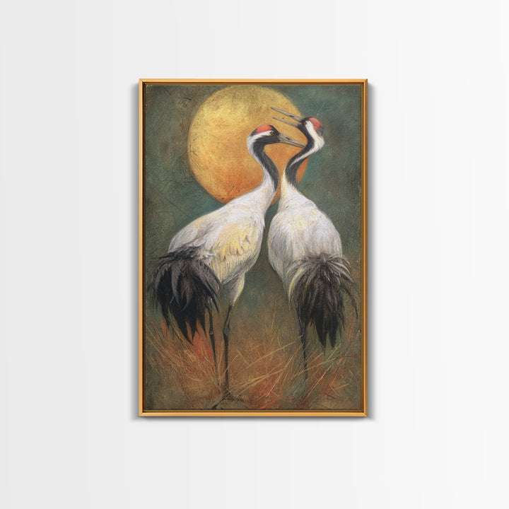 Pair of Cranes Dancing Canvas Print, Bird Art, Forest Wall Art, Living Room Decor, Abstract Art, Flight, Minimalist Decor, BIR-2x3-11