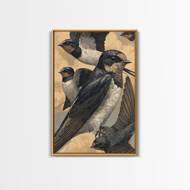 Flock of Swallows Sweeping Across Open Sky Canvas Print, Bird Art, Art Print, Living Room Decor, Oil Painting, Flight, BIR-2x3-14
