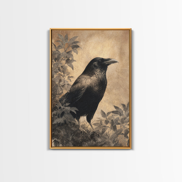 Raven Silhouette with Gothic Atmosphere Framed Canvas Print, Bird Art, Living Room Decor, Abstract Art, Flight, BIR-2x3-17