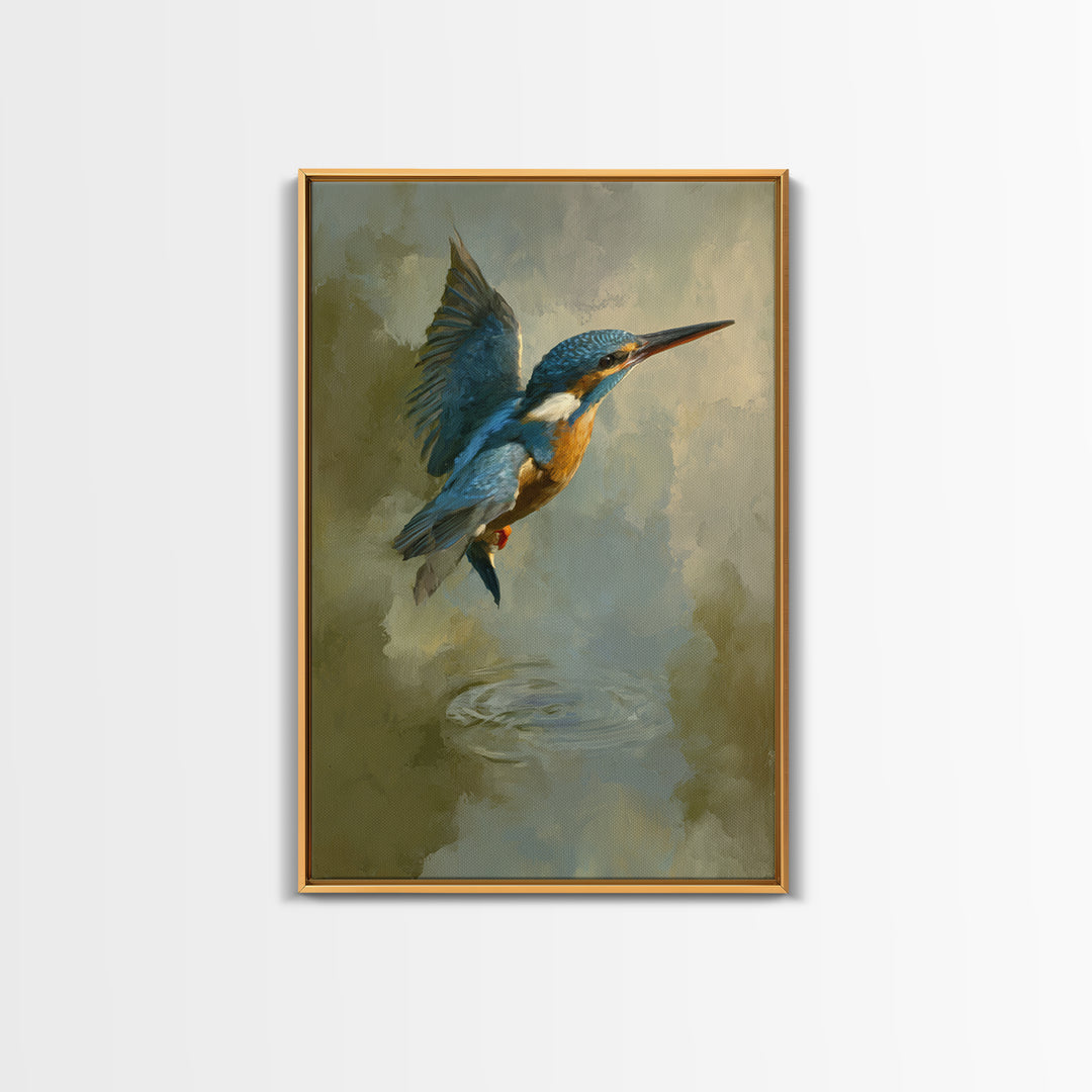 Kingfisher Diving Toward Blue Water Framed Canvas Print, Bird Art, Neutral Decor, Living Room Decor, Fine Art, Flight, BIR-2x3-19