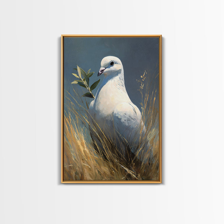 White Dove with Olive Branch and Calm Framed Canvas Print, Bird Art, Living Room Art, Living Room Decor, Watercolor Art, Flight, BIR-2x3-24