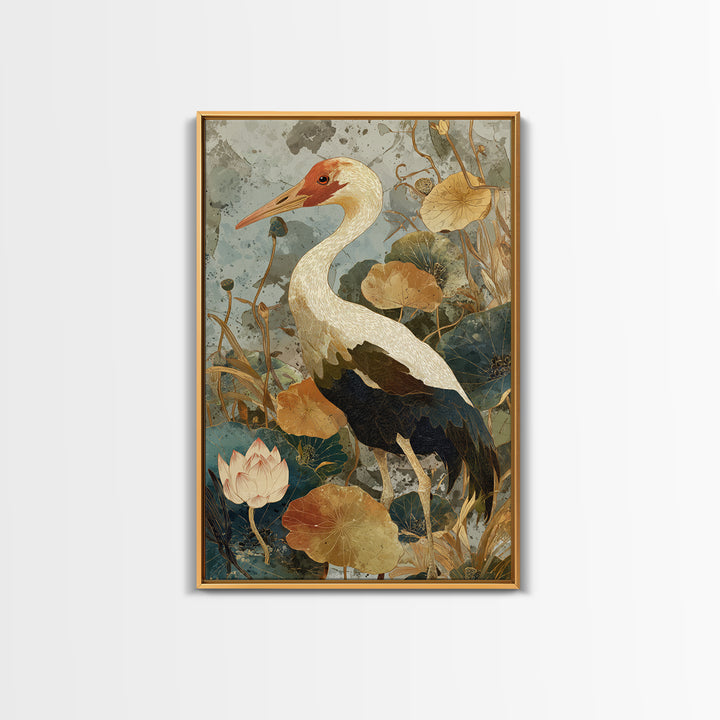Crane and Lotus Composition Framed Canvas Print, Bird Art, Wall Art, Living Room Decor, Fine Art, Flight, Japanese Wall Art, BIR-2x3-25