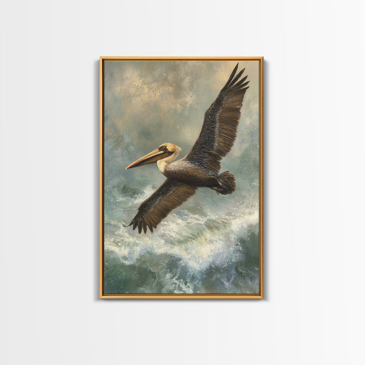 Pelican Flying over Coastal Waves Framed Canvas Print, Bird Art, Boho Decor, Living Room Decor, Abstract Art, Flight, BIR-2x3-26