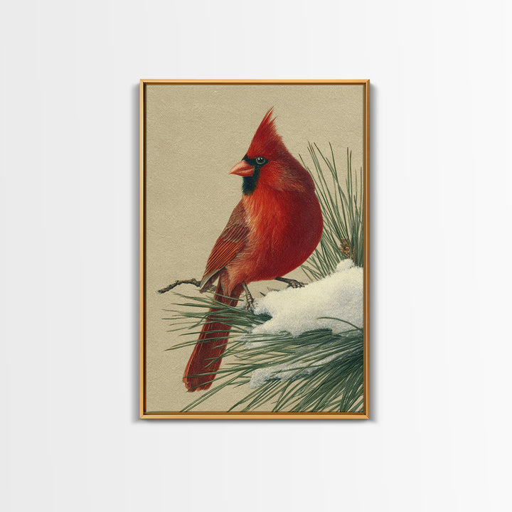 Red Cardinal on Snowy Pine Branch Framed Canvas Print, Bird Art, Digital Print, Living Room Decor, Flight, Bird Prints, BIR-2x3-33