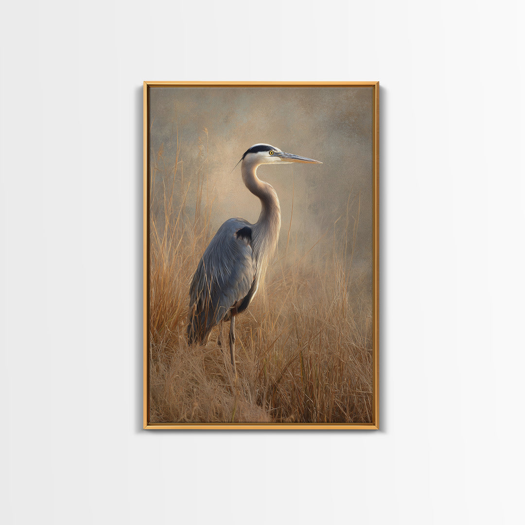 Blue Heron in Misty Marsh Grass Framed Canvas Print, Bird Art, Contemporary Art, Living Room Decor, Fine Art, Flight, BIR-2x3-34
