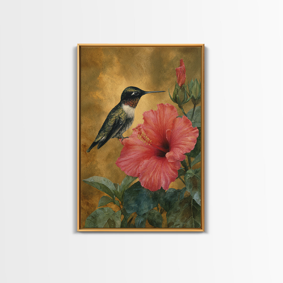 Hummingbird Hovering Beside Bright Hibiscus Canvas Print, Bird Art, Mid Century Wall Art, Living Room Decor, Flight, BIR-2x3-36