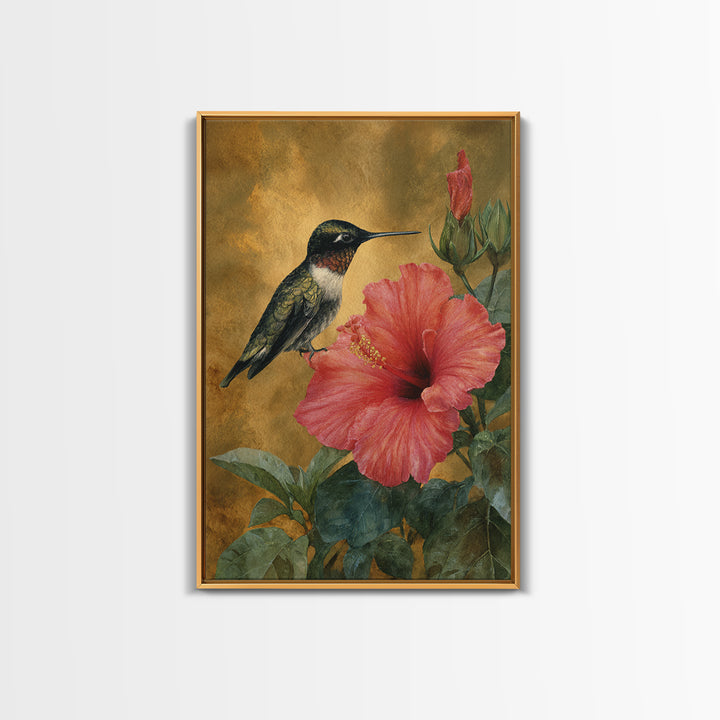 Hummingbird Hovering Beside Bright Hibiscus Canvas Print, Bird Art, Mid Century Wall Art, Living Room Decor, Flight, BIR-2x3-36