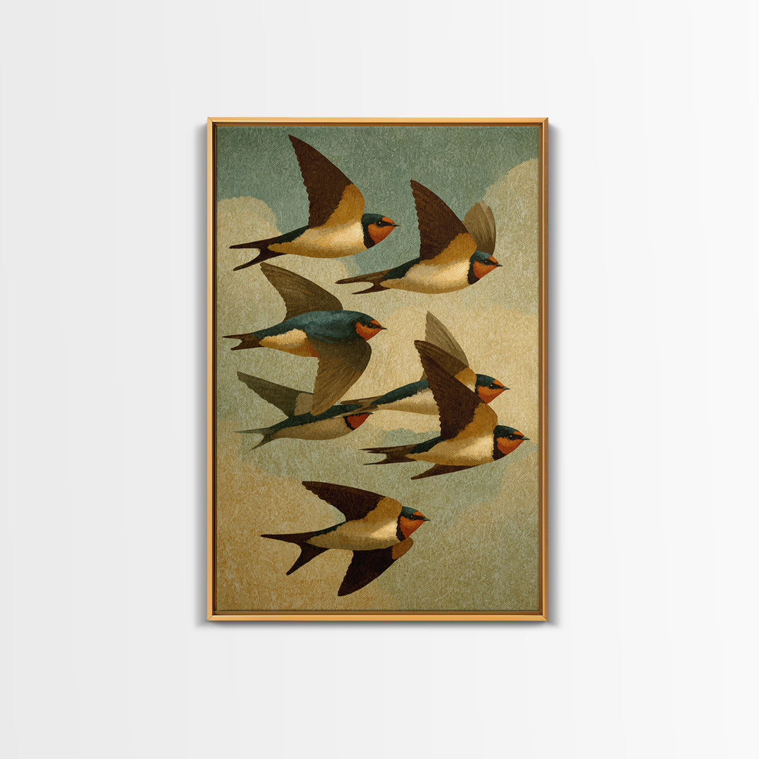 Flock of Swallows Sweeping Across Open Sky Framed Canvas Print, Bird Art, Wall Art, Living Room Decor, Fine Art, Flight, BIR-2x3-38
