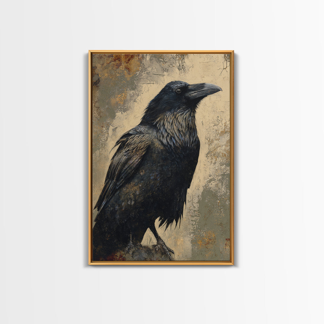 Raven Silhouette with Gothic Atmosphere Framed Canvas Print, Bird Art, Living Room Decor, Abstract Art, Flight, BIR-2x3-41