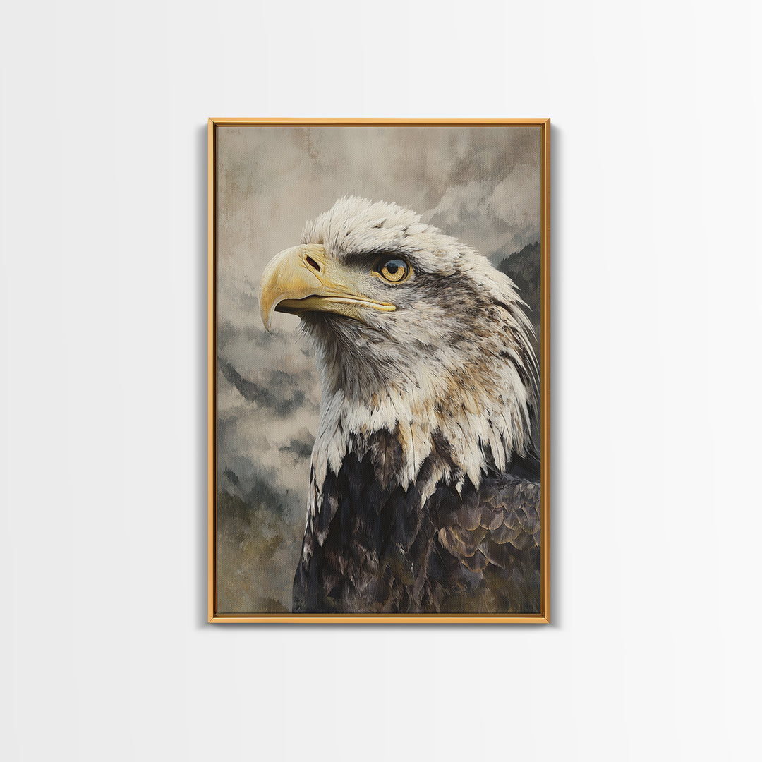 Eagle Portrait with Dramatic Mountain Wind Framed Canvas Print, Bird Art, Floral Art, Living Room Decor, Fine Art, Flight, BIR-2x3-44