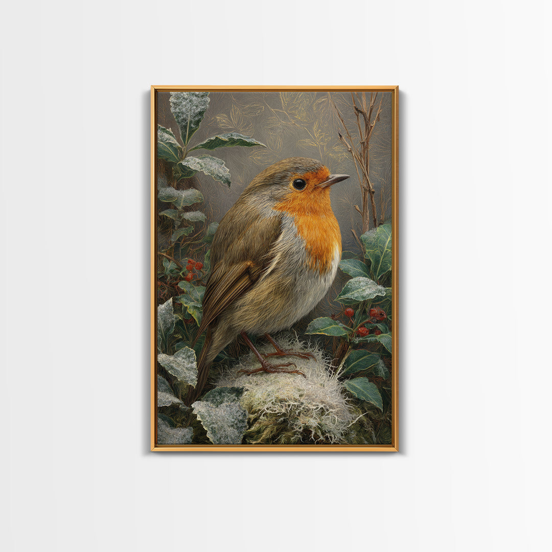 Robin in a Spring Garden with Soft Framed Canvas Print, Bird Art, Wall Art, Living Room Decor, Flight, Japanese Wall Art, BIR-2x3-47